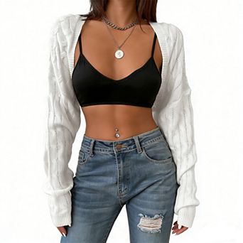 Women's Cable Knit Cropped Shrug Long Sleeve Open Front Knit Bolero Cardigan for Layering