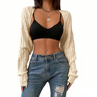 Women's Cable Knit Cropped Shrug Long Sleeve Open Front Knit Bolero Cardigan for Layering
