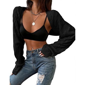 Women's Cable Knit Cropped Shrug Long Sleeve Open Front Knit Bolero Cardigan for Layering