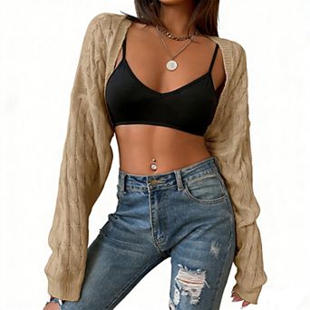 Women's Cable Knit Cropped Shrug Long Sleeve Open Front Knit Bolero Cardigan for Layering
