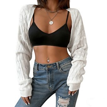 Women's Cable Knit Cropped Shrug Long Sleeve Open Front Knit Bolero Cardigan for Layering