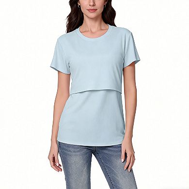 Womens Maternity Summer Nursing T-Shirt Short Sleeve Ribbed Double Layer Breastfeeding Crew Neck Top