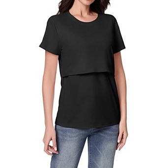 Womens Maternity Summer Nursing T-Shirt Short Sleeve Ribbed Double Layer Breastfeeding Crew Neck Top