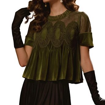 Women Velvet Mesh Lace Boho Summer Blouse Puff Short Sleeve Pleated Crew Neck Ruffle Flowy Party Top