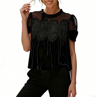 Women Velvet Mesh Lace Boho Summer Blouse Puff Short Sleeve Pleated Crew Neck Ruffle Flowy Party Top
