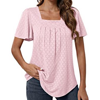 Women Embroidery Eyelet Pleated Shirt Flutter Short Sleeve Square Neck Summer Boho Top Casual Blouse