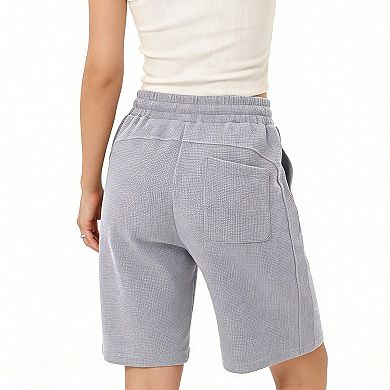 Women's Waffle Knit Bermuda Shorts Drawstring Waist Pocketed Athletic Casual Shorts