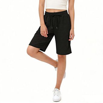 Women's Waffle Knit Bermuda Shorts Drawstring Waist Pocketed Athletic Casual Shorts