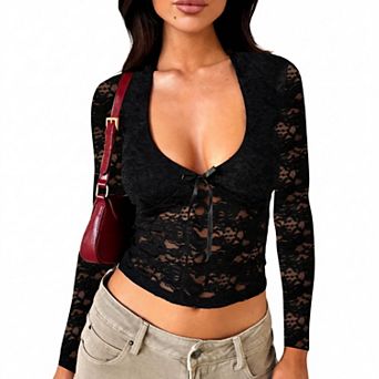 Women's Floral Lace Long Sleeve Crop Top