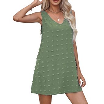 Womens Swiss Dot Sleeveless Short Boho Dress Summer Casual V Neck Shift Loose Sum Mini Dress Pocket