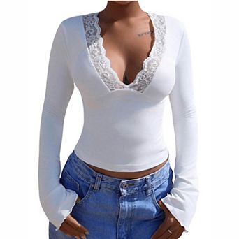 Women's Lace Trim V-Neck Long Sleeve Crop Top
