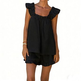 Women's Smocked Loungewear Set Ruffle Strap Cami Top and Shorts Summer Casual Loose Pajama Set