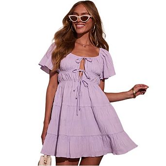 Women's Summer Dresses Square Neck Lantern Sleeve Ruffle A-Line Casual Short Mini Dress
