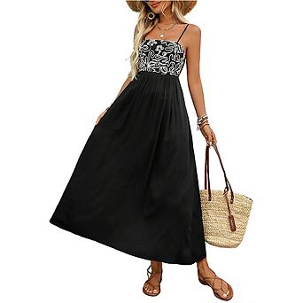 Women Embroidered Smocked Back Spaghetti Strap Midi Dress with Pockets Casual Flowy A-Line Dress
