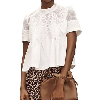 Women Lace Mesh Peplum Blouse Short Sleeve Mock Neck Babydoll Top