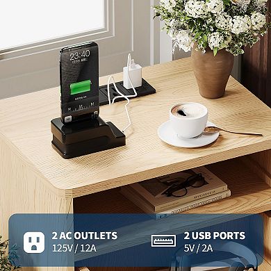 Fluted Nightstand with Charging Station Drawer Storage End Table for Bedroom