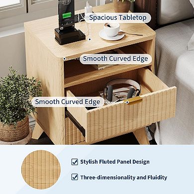 Fluted Nightstand with Charging Station Drawer Storage End Table for Bedroom