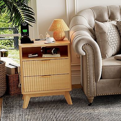 Fluted Nightstand with Charging Station Drawer Storage End Table for Bedroom