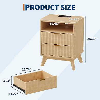 Fluted Nightstand with Charging Station Drawer Storage End Table for Bedroom