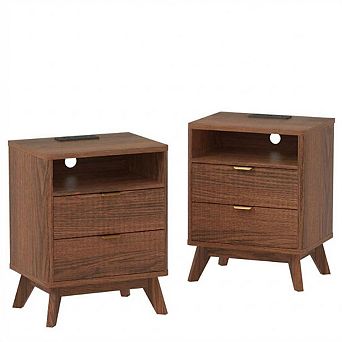 Fluted Nightstand with Charging Station Drawer Storage End Table for Bedroom