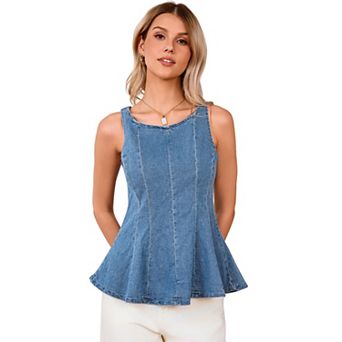 Women's Sleeveless Denim Peplum Top Summer Back Zipper Closure Jean Tank Top