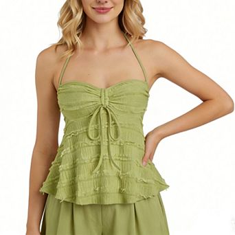 Women's Summer Smocked Ruched Textured Halter Shirt Tie Drawstring Adjustable Strap A Line Cami Top