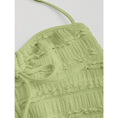 Women's Summer Smocked Ruched Textured Halter Shirt Tie Drawstring Adjustable Strap A Line Cami Top