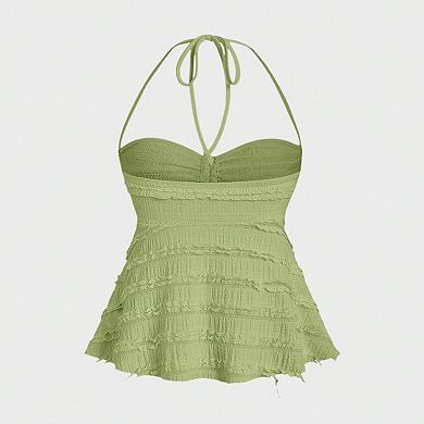 Women's Summer Smocked Ruched Textured Halter Shirt Tie Drawstring Adjustable Strap A Line Cami Top