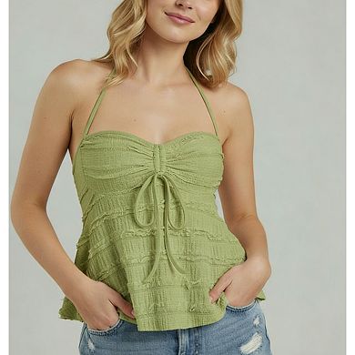 Women's Summer Smocked Ruched Textured Halter Shirt Tie Drawstring Adjustable Strap A Line Cami Top