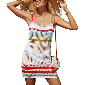 Women Colorblock Striped Crochet Swim Cover Up Dress Sleeveless Openwork Knit Beach Coverup