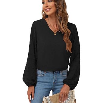 Womens Blouses Dressy Casual Tops V Neck Ruffle Balloon Long Sleeve Shirts Elegant Business Outifts
