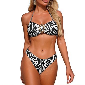 Women Neck strap Print Two Piece Bikini Set Halter Tie Back Bathing Suit Low Rise Cheeky Swimsuit