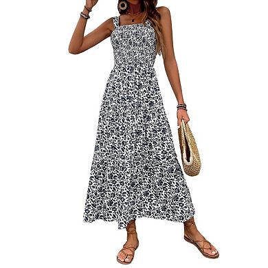 Womens Summer Maxi Dress Sleeveless Floral Spaghetti Strap Smocked Boho Beach Long Dress