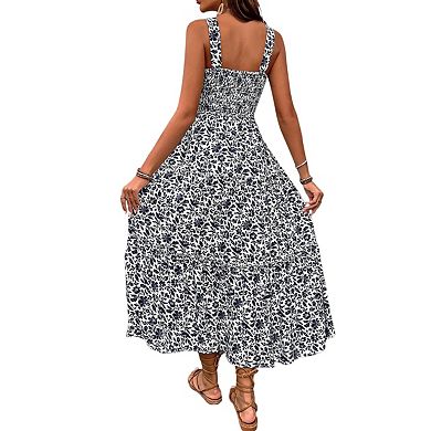 Womens Summer Maxi Dress Sleeveless Floral Spaghetti Strap Smocked Boho Beach Long Dress