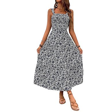 Womens Summer Maxi Dress Sleeveless Floral Spaghetti Strap Smocked Boho Beach Long Dress