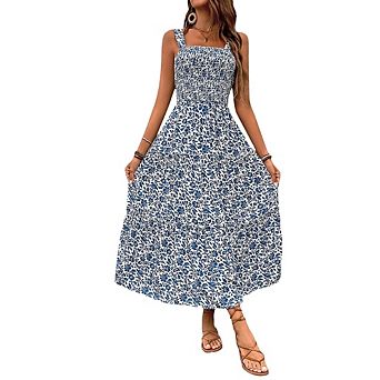 Womens Summer Maxi Dress Sleeveless Floral Spaghetti Strap Smocked Boho Beach Long Dress