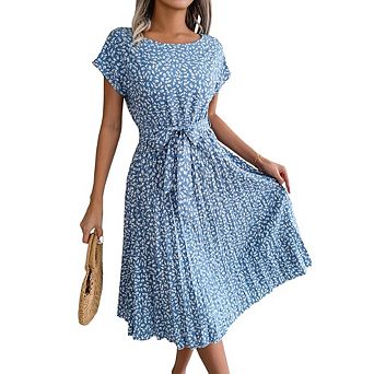Womens Floral Pleated Dress Casual Summer Cap Sleeve Round Neck Belted Skater Midi Dresses