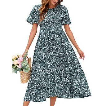 Women Maternity Spring Dress Short Sleeve Round Neck Midi Tiered Swing Dress