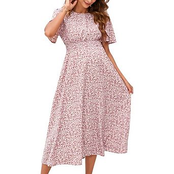 Women Maternity Spring Dress Short Sleeve Round Neck Midi Tiered Swing Dress