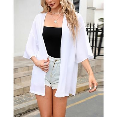 Women's 3/4 Sleeve Sheer Chiffon Cardigan Open Front Beach Cover Up with Lace Back