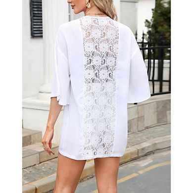 Women's 3/4 Sleeve Sheer Chiffon Cardigan Open Front Beach Cover Up with Lace Back