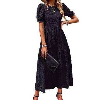 Women's Summer Crew Neck Short Sleeve Smocked Midi Dress Casual Elastic Waist Flowy Maxi Dress
