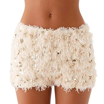 Women Sequin Fuzzy Mini Shorts Low Rise Bodycon Micro Shorts Glitter Going Out Party Booty Bottoms