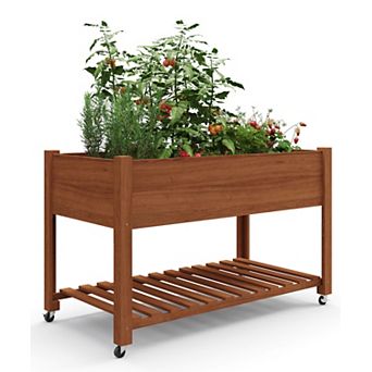 Mobile Elevated Wooden Raised Garden Bed Planter Box Sturdy Outdoor Planter with Lockable Wheels
