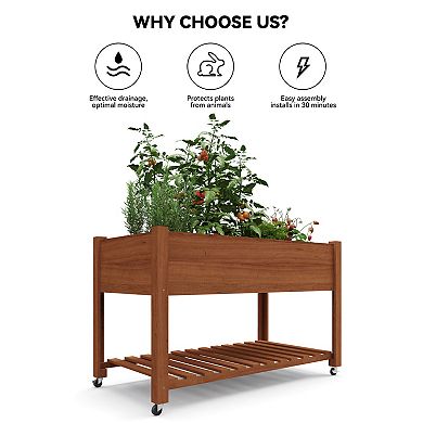 Mobile Elevated Wooden Raised Garden Bed Planter Box Sturdy Outdoor Planter with Lockable Wheels