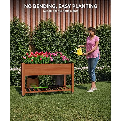 Mobile Elevated Wooden Raised Garden Bed Planter Box Sturdy Outdoor Planter with Lockable Wheels