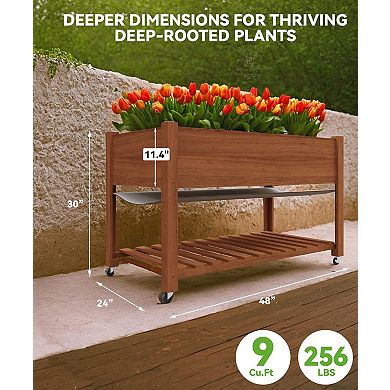 Mobile Elevated Wooden Raised Garden Bed Planter Box Sturdy Outdoor Planter with Lockable Wheels