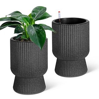 Self Watering Planters Set of 2, Tall Large Plant Pots with Drainage & Water Level Gauge