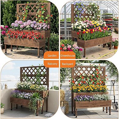 2-Tier Raised Garden Bed with Trellis, Wooden Elevated Planter for Patio & Balcony