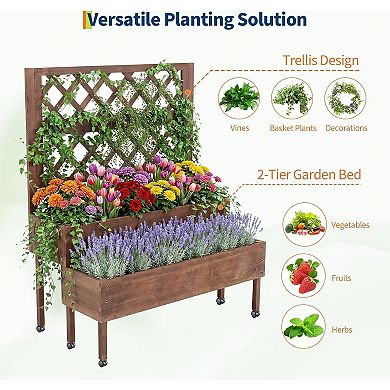 2-Tier Raised Garden Bed with Trellis, Wooden Elevated Planter for Patio & Balcony